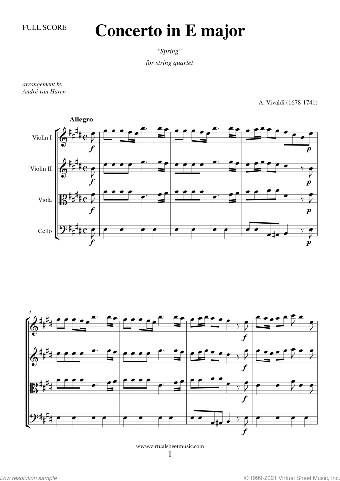 Concerto "Spring" (COMPLETE) sheet music for string quartet by Antonio Vivaldi, classical score, advanced skill level