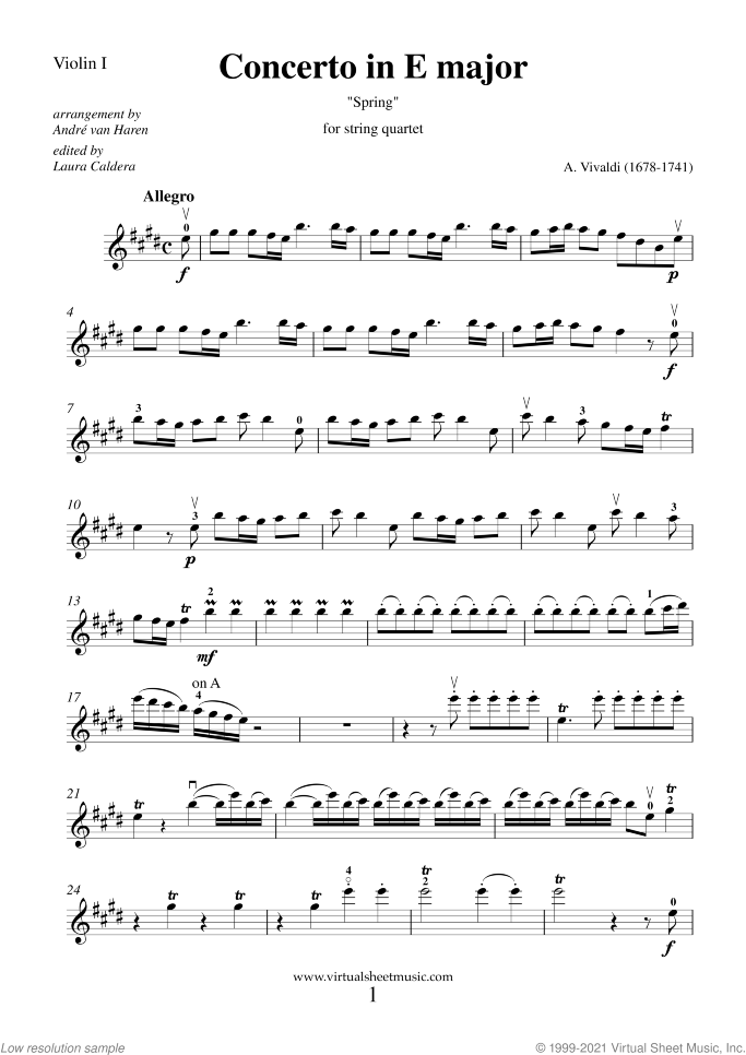 Concerto "Spring" (parts) sheet music for string quartet by Antonio Vivaldi, classical score, advanced skill level