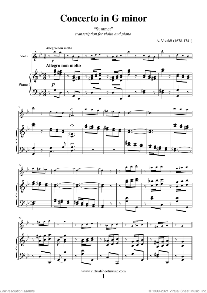 Concerto "Summer" (NEW EDITION) sheet music for violin and piano by Antonio Vivaldi, classical score, advanced skill level