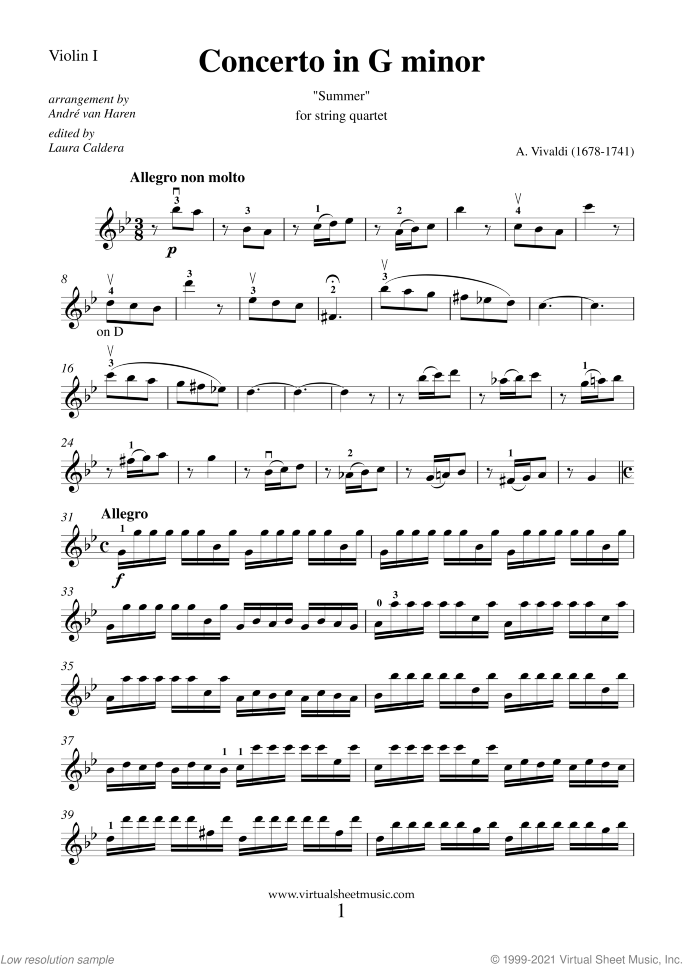 Concerto "Summer" (parts) sheet music for string quartet by Antonio Vivaldi, classical score, advanced skill level