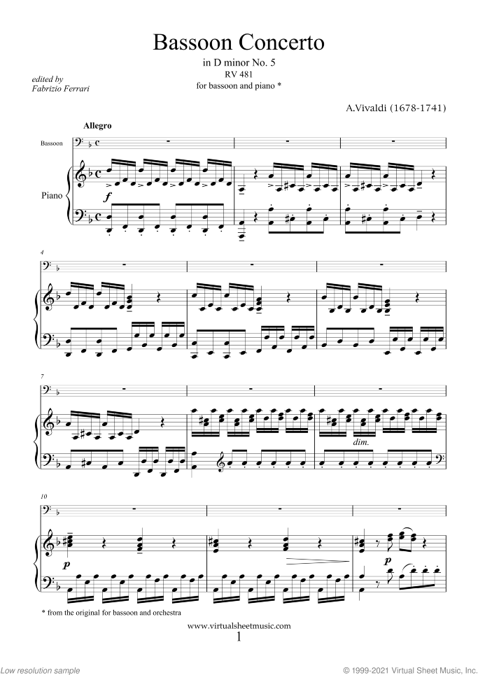 Concerto in D minor RV 481 sheet music for bassoon and piano by Antonio Vivaldi, classical score, intermediate skill level