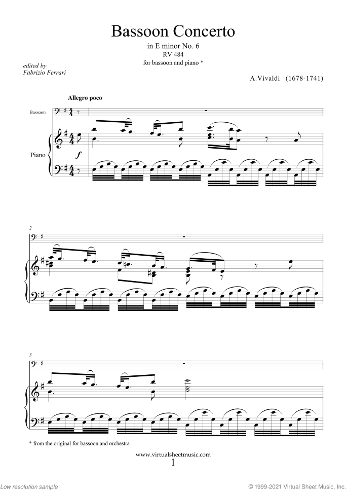 Concerto in E minor RV 484 sheet music for bassoon and piano by Antonio Vivaldi, classical score, intermediate skill level