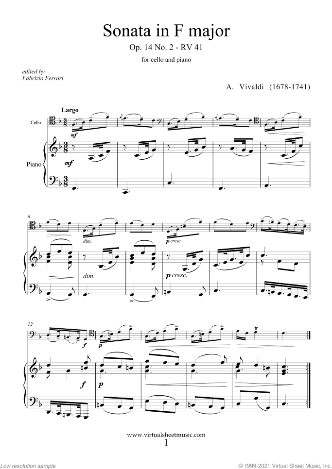 Sonata in F major Op.14 No.2 sheet music for cello and piano by Antonio Vivaldi, classical score, intermediate skill level