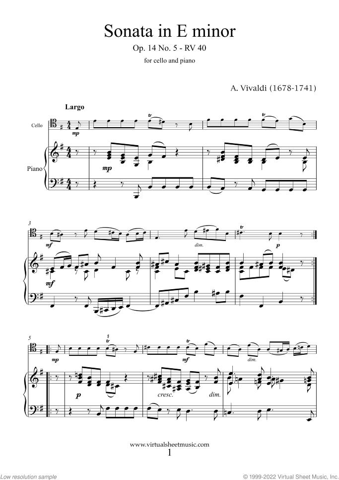 Sonata in E minor Op.14 No.5 (NEW EDITION) sheet music for cello and piano by Antonio Vivaldi, classical score, intermediate skill level