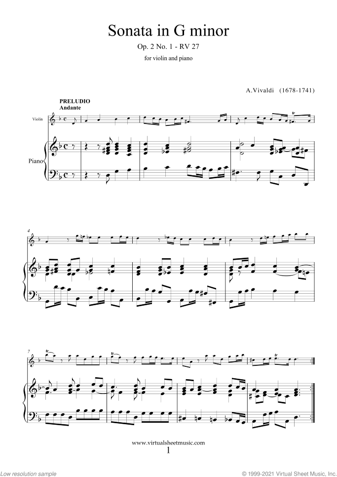 Sonata in G minor Op.2 No.1 sheet music for violin and piano by Antonio Vivaldi, classical score, easy/intermediate skill level