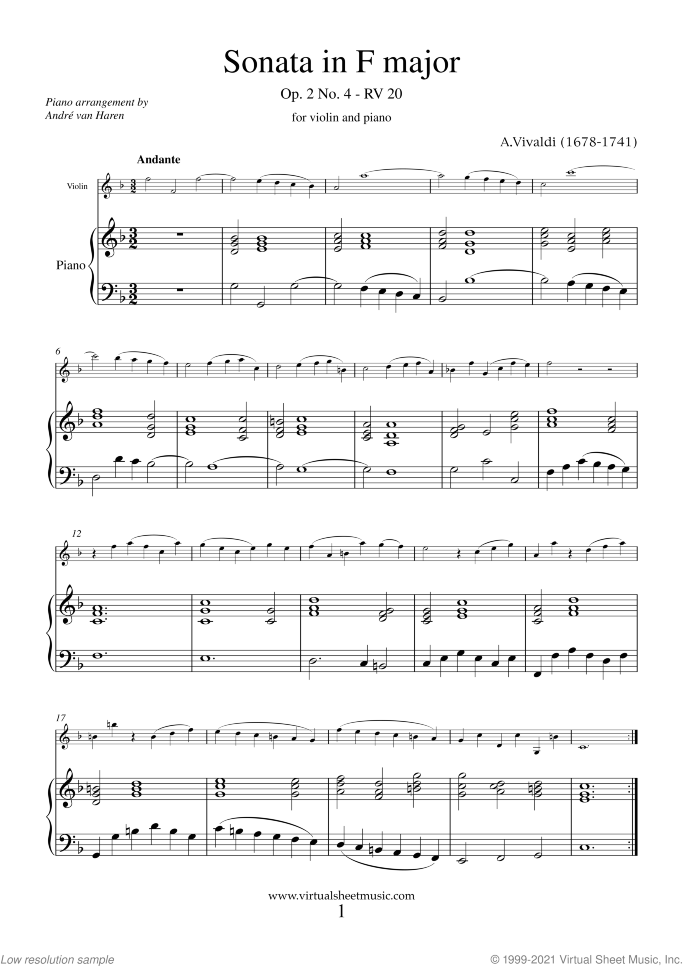 Sonata in F major Op.2 No.4 sheet music for violin and piano by Antonio Vivaldi, classical score, easy/intermediate skill level