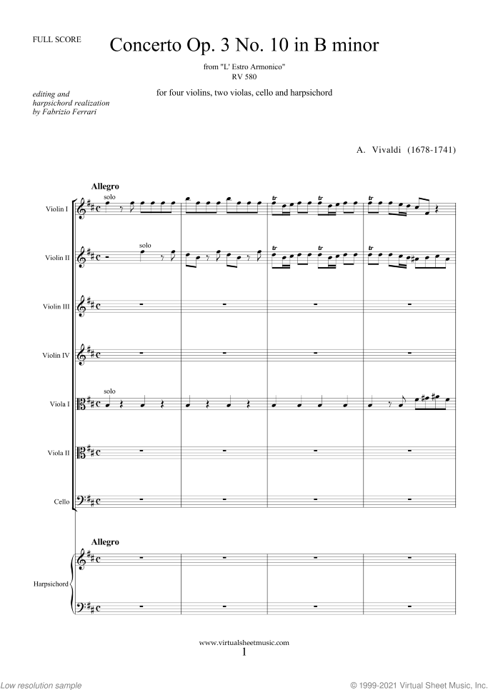 Concerto in B minor Op.3 No.10 RV 580 (COMPLETE) sheet music for four violins, strings and harpsichord by Antonio Vivaldi, classical score, intermediate/advanced skill level