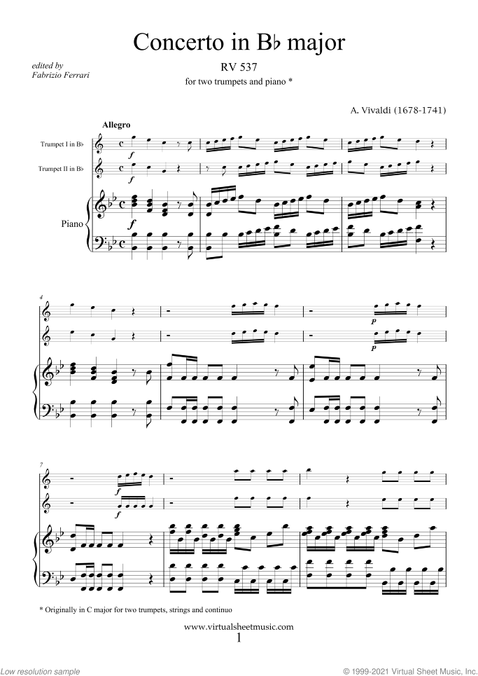 Concerto in Bb major RV 537 sheet music for two trumpets and piano by Antonio Vivaldi, classical score, intermediate/advanced skill level