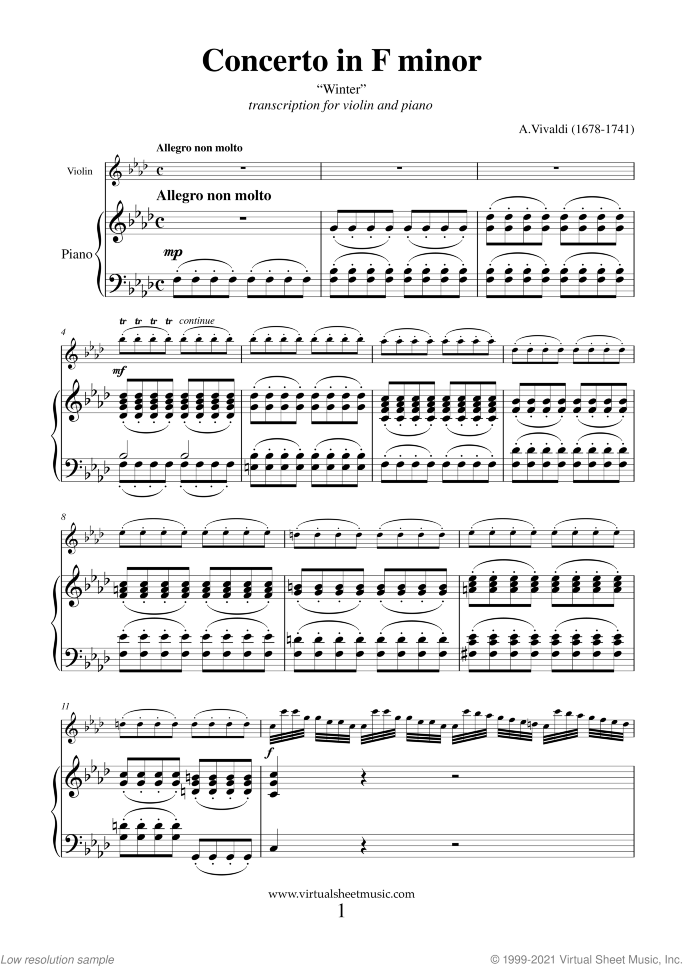 Concerto "Winter" (NEW EDITION) sheet music for violin and piano by Antonio Vivaldi, classical score, advanced skill level
