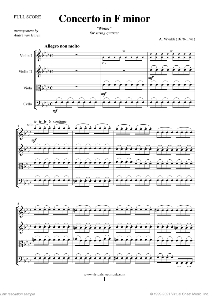 Concerto "Winter" (COMPLETE) sheet music for string quartet by Antonio Vivaldi, classical score, advanced skill level