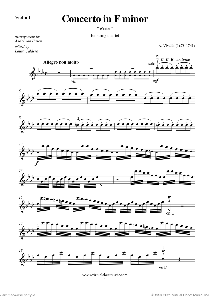 Concerto "Winter" (parts) sheet music for string quartet by Antonio Vivaldi, classical score, advanced skill level