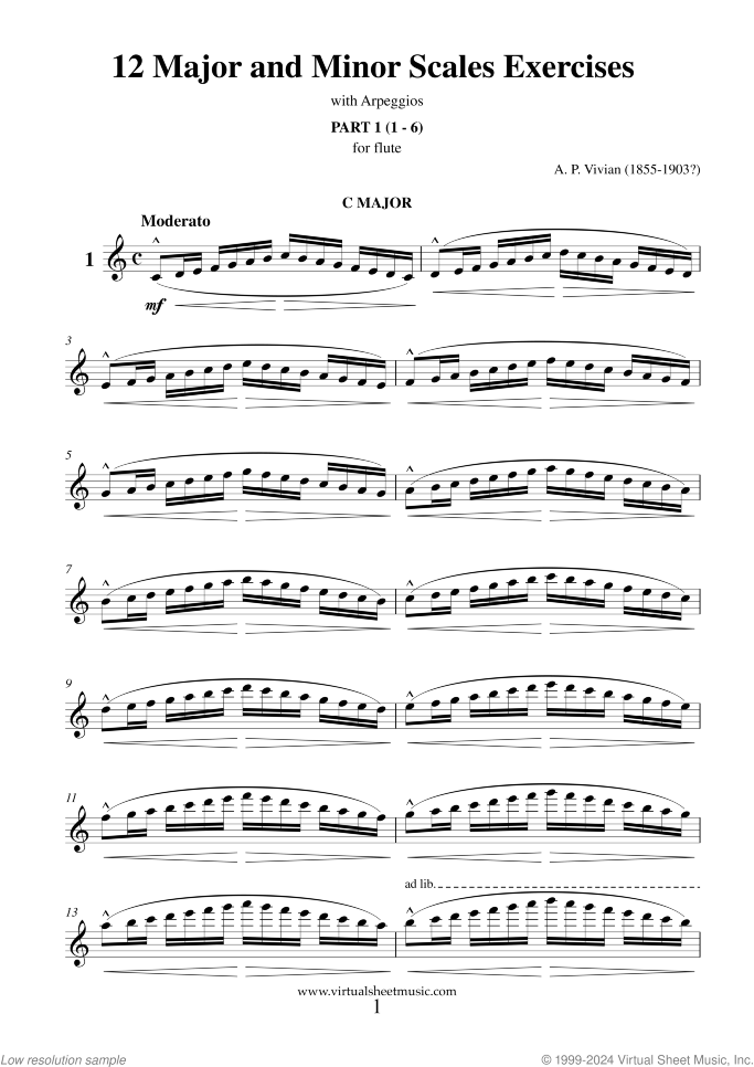 12 Major and Minor Scales Excercises sheet music for flute solo by Alfred Philip Vivian, classical score, intermediate skill level