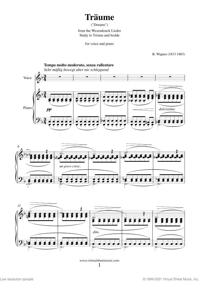 Traume (Dreams) sheet music for voice and piano by Richard Wagner, classical wedding score, intermediate skill level