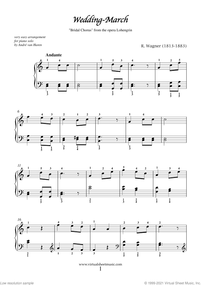Wedding March - Bridal Chorus sheet music for piano solo by Richard Wagner, classical wedding score, beginner skill level