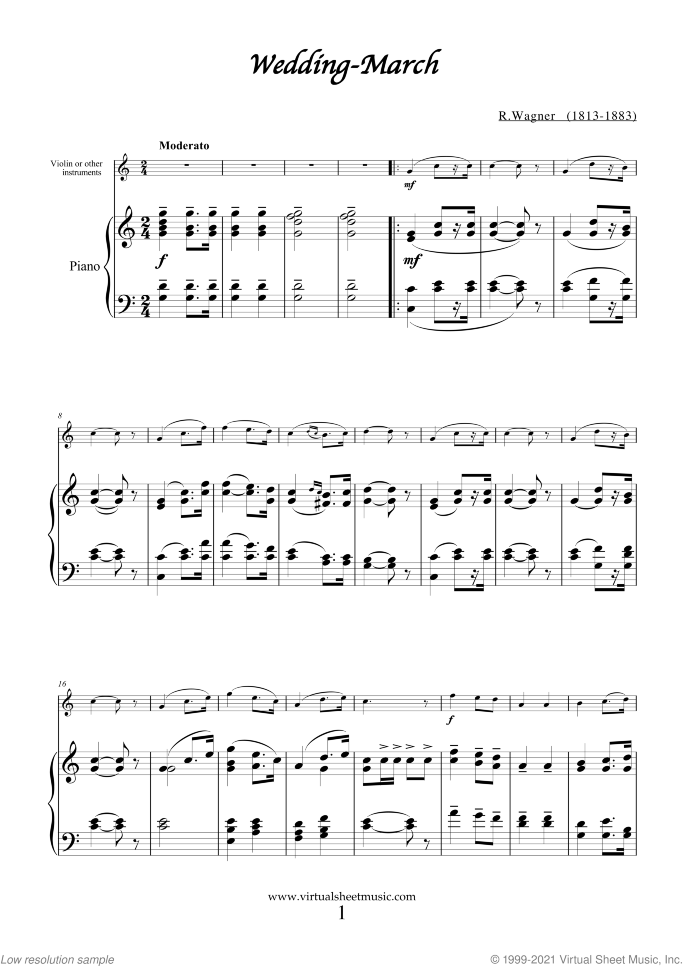 Wedding March - Bridal Chorus sheet music for violin (or other instruments) and piano (organ) by Richard Wagner, classical wedding score, easy/intermediate skill level