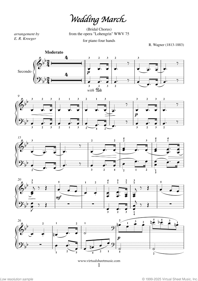 Wedding March - Bridal Chorus sheet music for piano four hands by Richard Wagner, classical wedding score, intermediate skill level