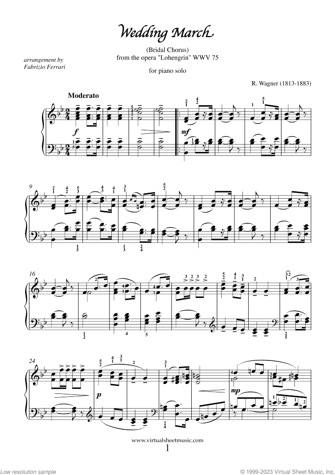 Wedding March - Bridal Chorus sheet music for piano solo by Richard Wagner, classical wedding score, intermediate skill level
