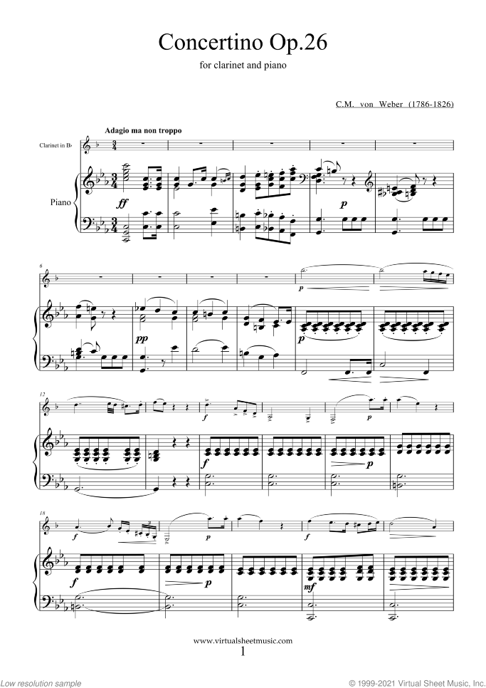 Concertino Op.26 sheet music for clarinet and piano by Carl Maria Von Weber, classical score, intermediate skill level