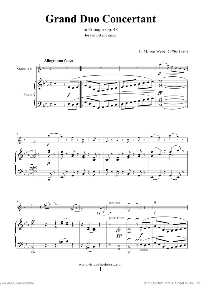 Grand Duo Concertant Op.48 sheet music for clarinet and piano by Carl Maria Von Weber, classical score, intermediate/advanced skill level