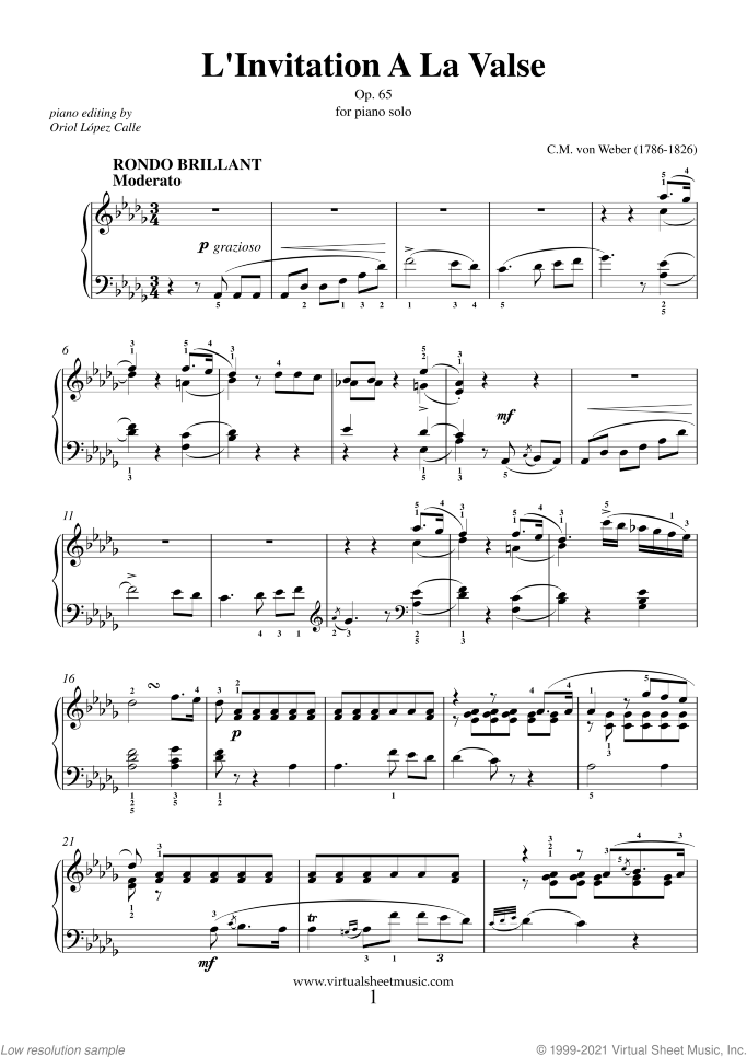 Invitation to Dance Op. 65 sheet music for piano solo by Carl Maria Von Weber, classical score, intermediate skill level
