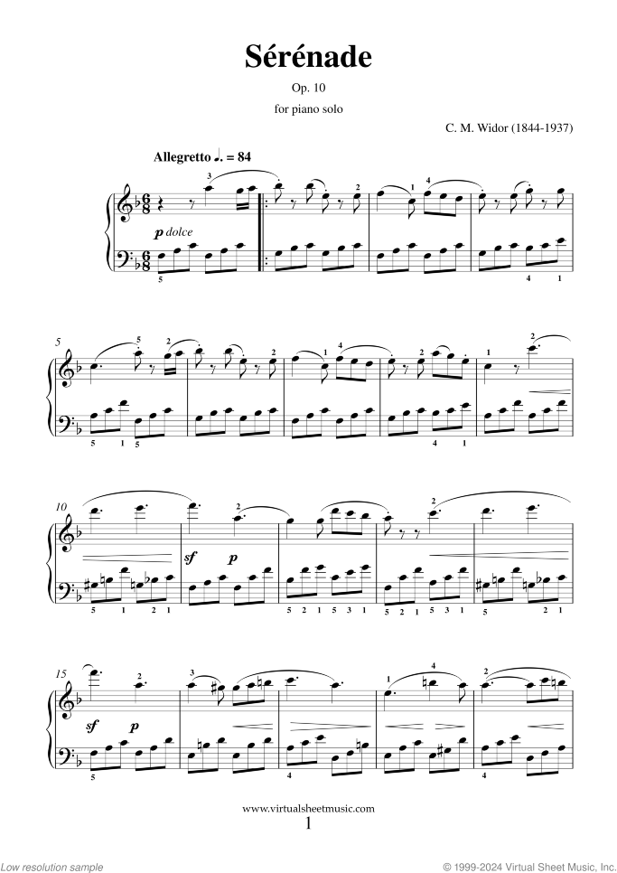 Serenade Op. 10 sheet music for piano solo by Charles Marie Widor, classical score, intermediate/advanced skill level