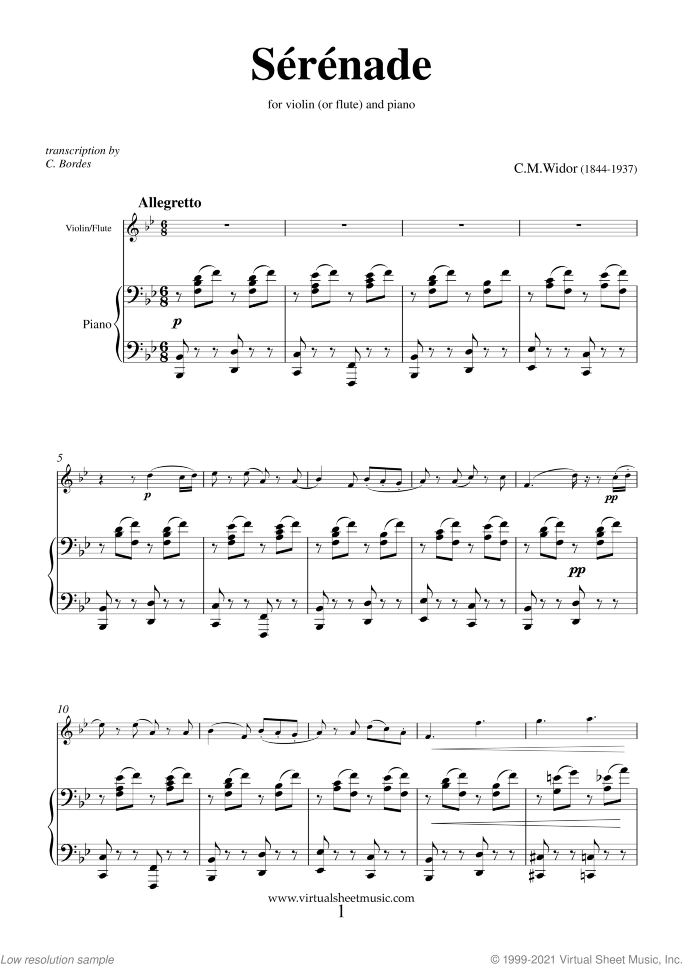 Serenade sheet music for violin (or flute) and piano by Charles Marie Widor, classical score, intermediate/advanced skill level