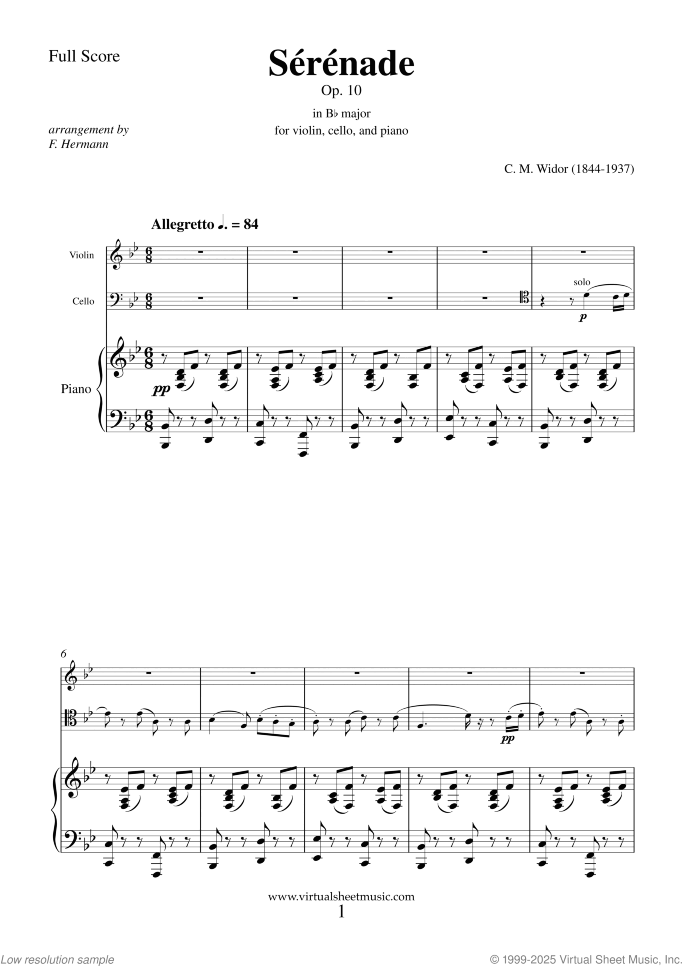 Serenade Op. 10 sheet music for violin, cello and piano by Charles Marie Widor, classical score, intermediate+ skill level