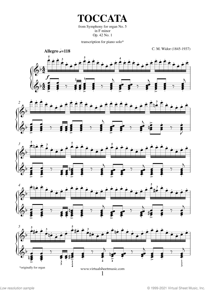 Toccata from Symphony No.5 sheet music for piano solo by Charles Marie Widor, classical score, intermediate/advanced skill level