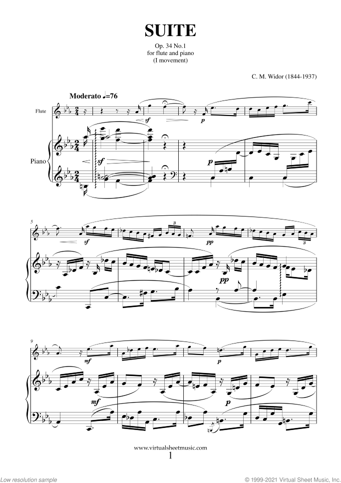 Suite Op.34 No.1 sheet music for flute and piano by Charles Marie Widor, classical score, intermediate/advanced skill level