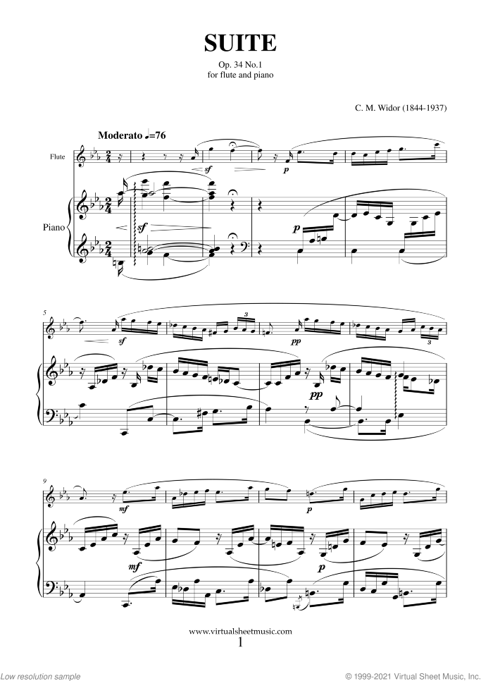 Suite Op.34 No.1 (COMPLETE) sheet music for flute and piano by Charles Marie Widor, classical score, intermediate/advanced skill level