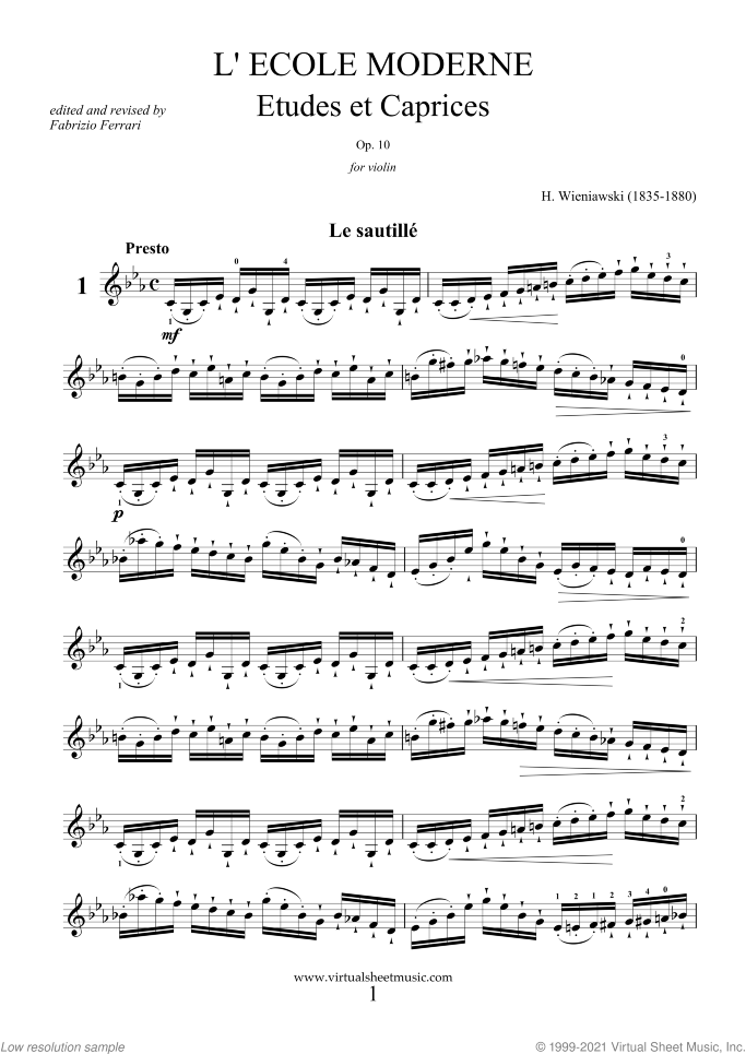 L' Ecole Moderne Op.10 sheet music for violin solo by Henry Wieniawski, classical score, advanced skill level