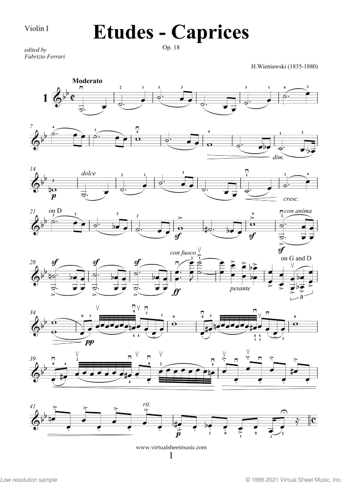 Etudes-Caprices Op.18 sheet music for violin solo or two violins by Henry Wieniawski, classical score, advanced violin or two violins