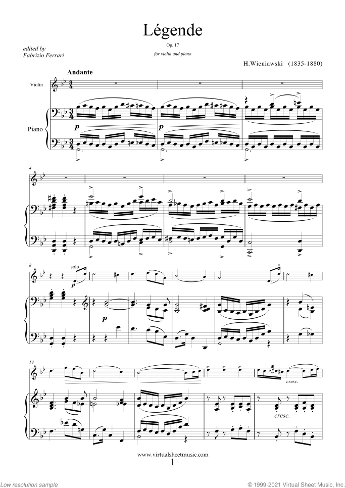 Legende Op.17 sheet music for violin and piano by Henry Wieniawski, classical score, intermediate skill level