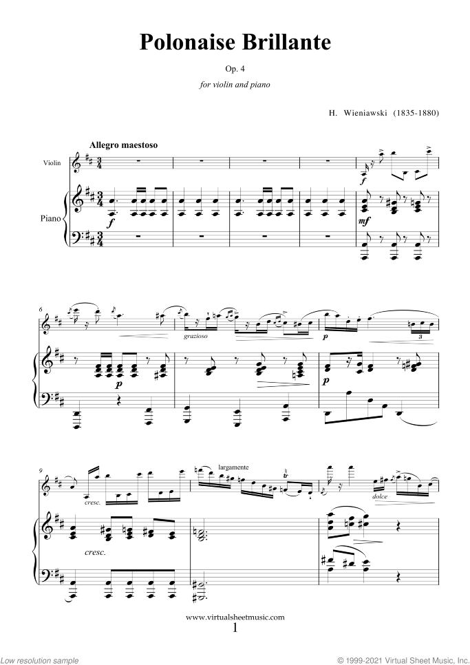 Polonaise Brillante Op.4 sheet music for violin and piano by Henry Wieniawski, classical score, advanced skill level