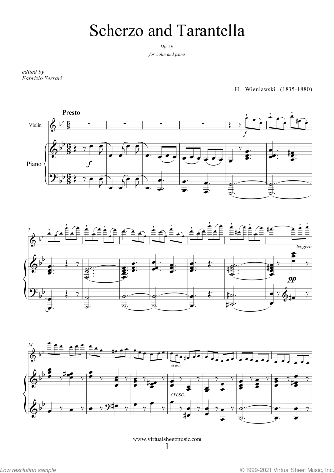 Scherzo and Tarantella Op.16 sheet music for violin and piano by Henry Wieniawski, classical score, advanced skill level