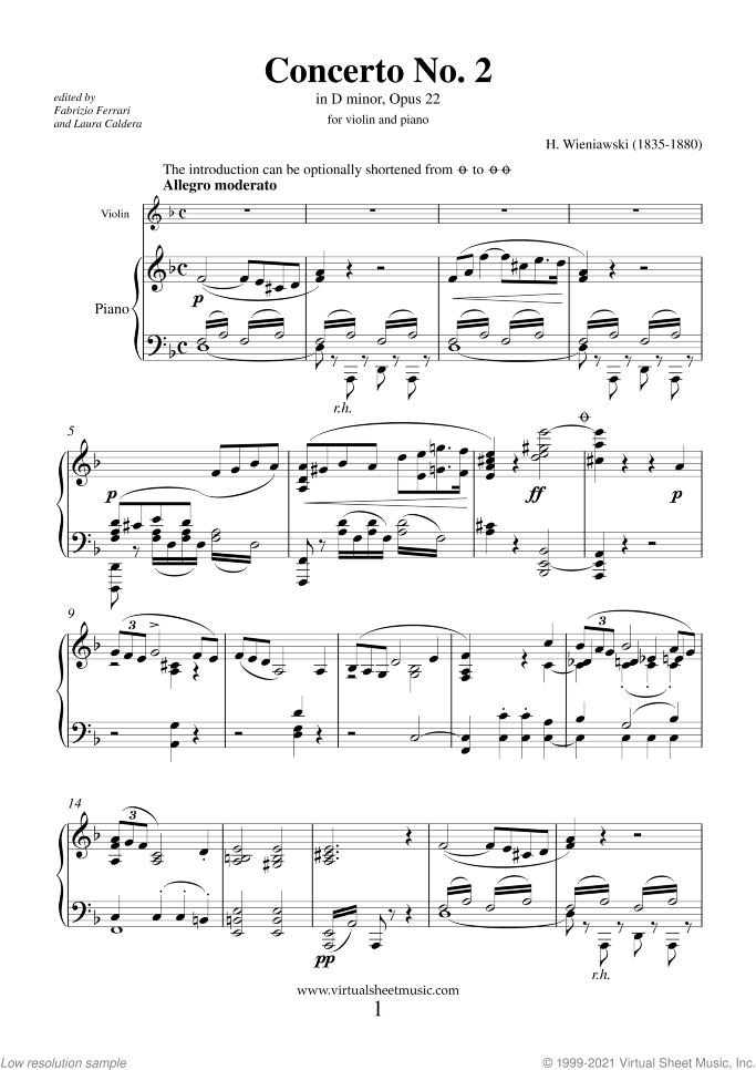 Concerto No.2 Op.22 sheet music for violin and piano by Henry Wieniawski, classical score, advanced skill level