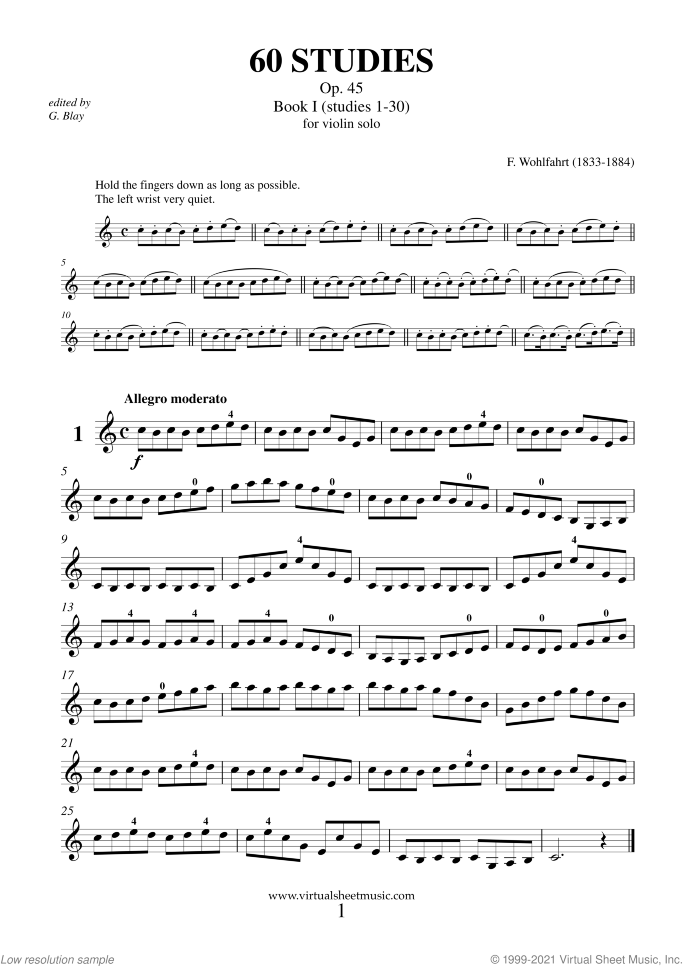 60 Studies sheet music for violin solo by Franz Wohlfahrt, classical score, intermediate skill level