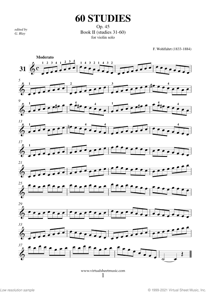 60 Studies sheet music for violin solo by Franz Wohlfahrt, classical score, intermediate skill level
