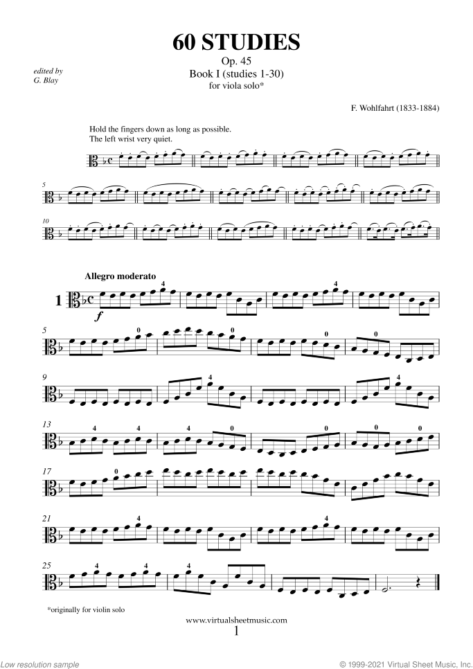 60 Studies sheet music for viola solo by Franz Wohlfahrt, classical score, intermediate/advanced skill level