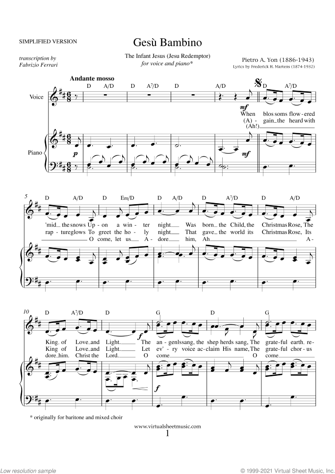 Gesu Bambino (The Infant Jesus) sheet music for piano, voice or other instruments by Pietro Yon, classical wedding score, easy/intermediate skill level