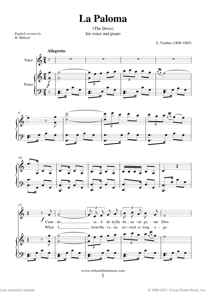 La Paloma sheet music for voice and piano by Sebastian Yradier, classical score, easy/intermediate skill level