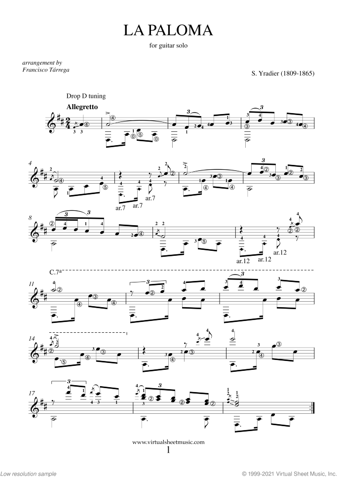 La Paloma sheet music for guitar solo by Sebastian Yradier, classical score, intermediate/advanced skill level