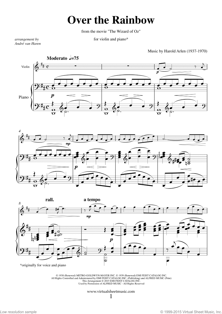 Arlen Over The Rainbow Sheet Music For Violin And Piano Pdf