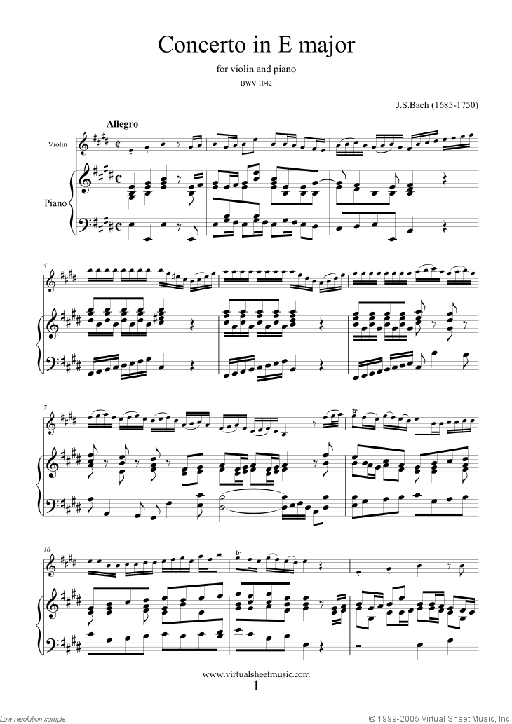 Bach: Violin Concerto in E major sheet music (PDF-interactive)