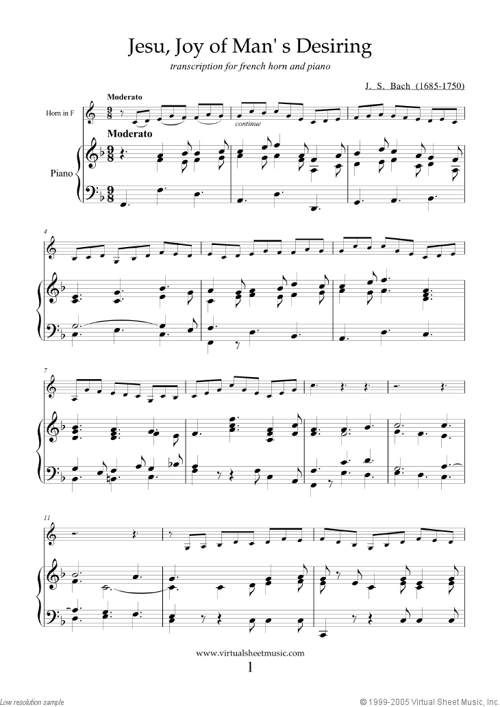 Bach Jesu Joy Of Man S Desiring Sheet Music For Horn And Piano