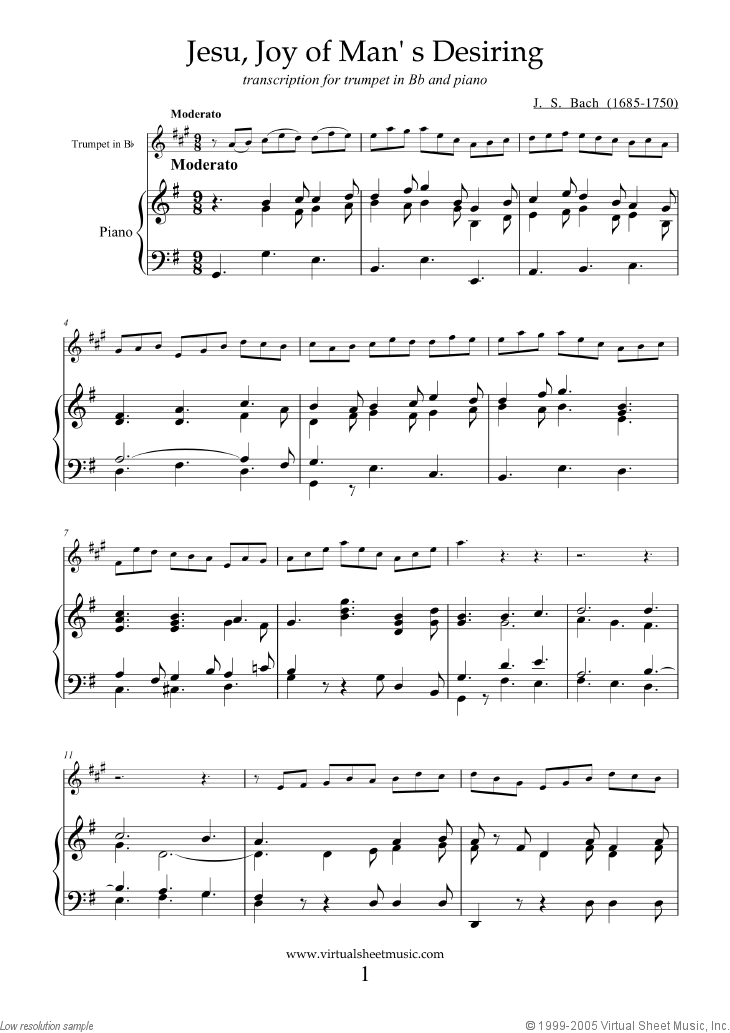 Bach Jesu Joy Of Man S Desiring Sheet Music For Trumpet And Piano