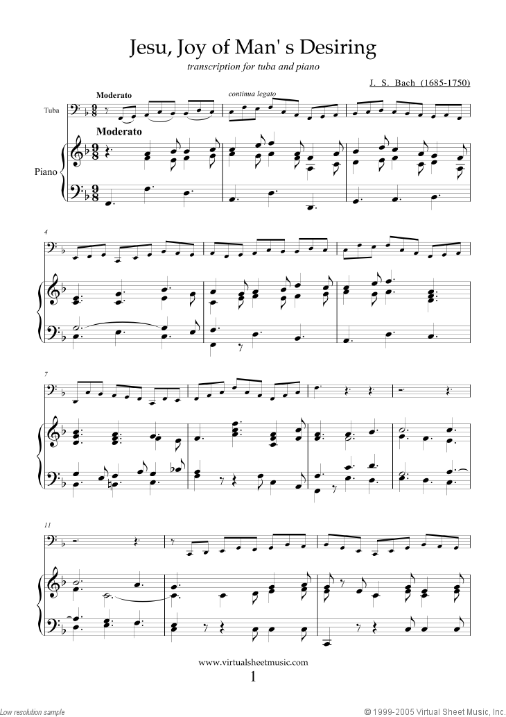 Bach Jesu Joy Of Man S Desiring Sheet Music For Tuba And Piano