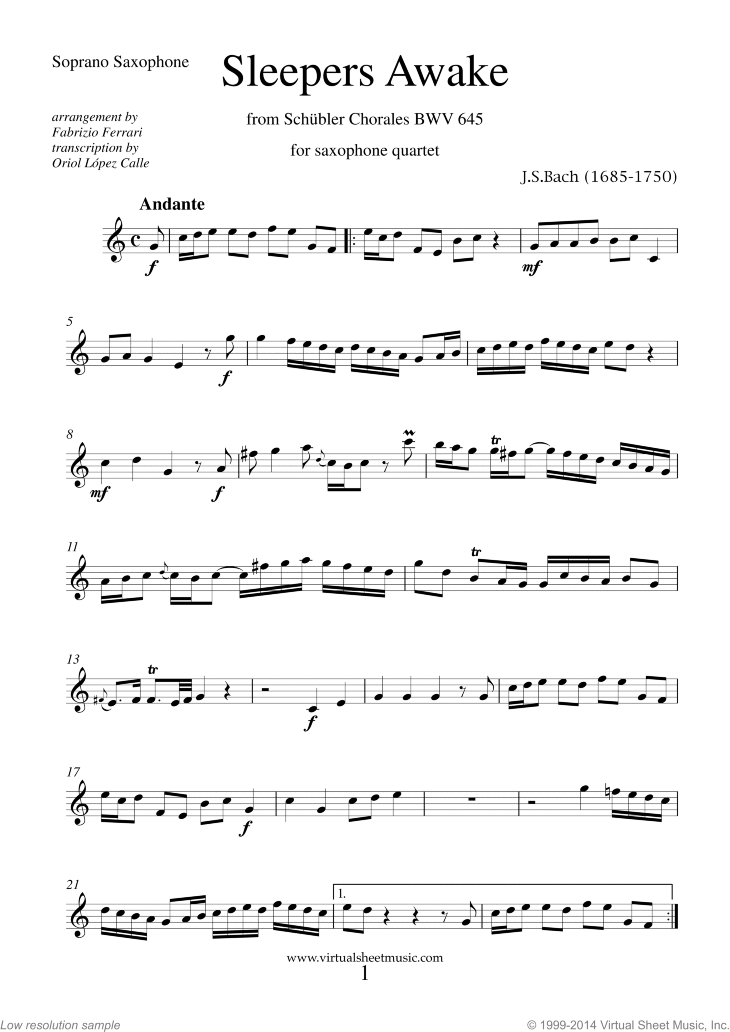 Sleepers Awake (parts) sheet music for saxophone quartet (PDF)