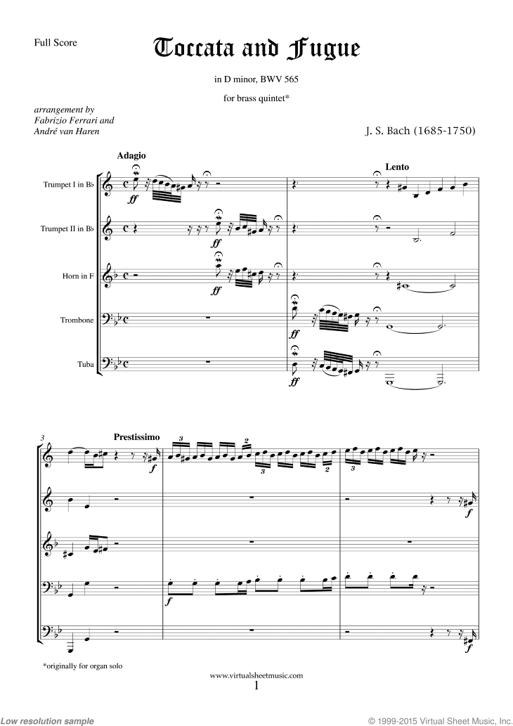 Toccata and Fugue in D minor BWV 565 sheet music for brass quintet