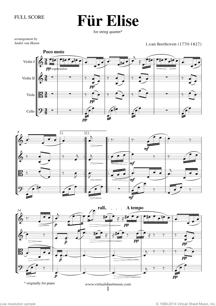 Beethoven - Fur Elise sheet music for string quartet [PDF]
